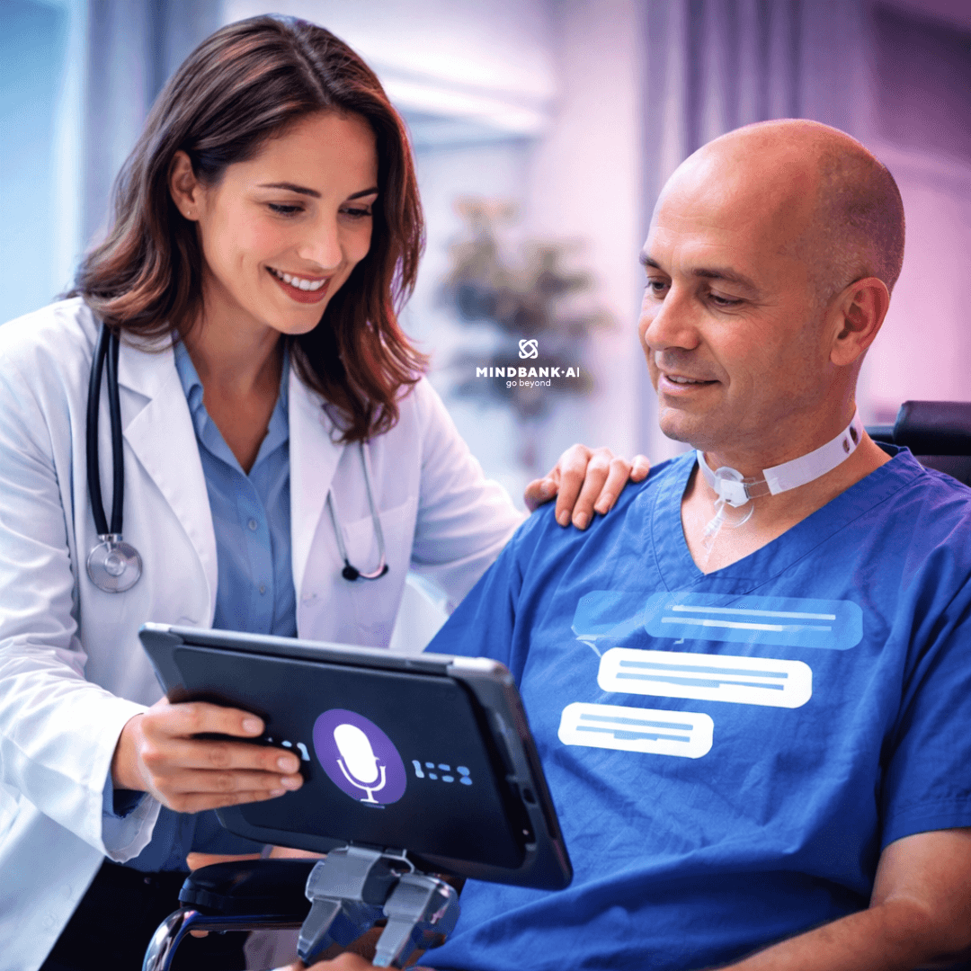 Patient using AI voice assistive technology with a doctor to communicate after speech loss in a medical environment.
