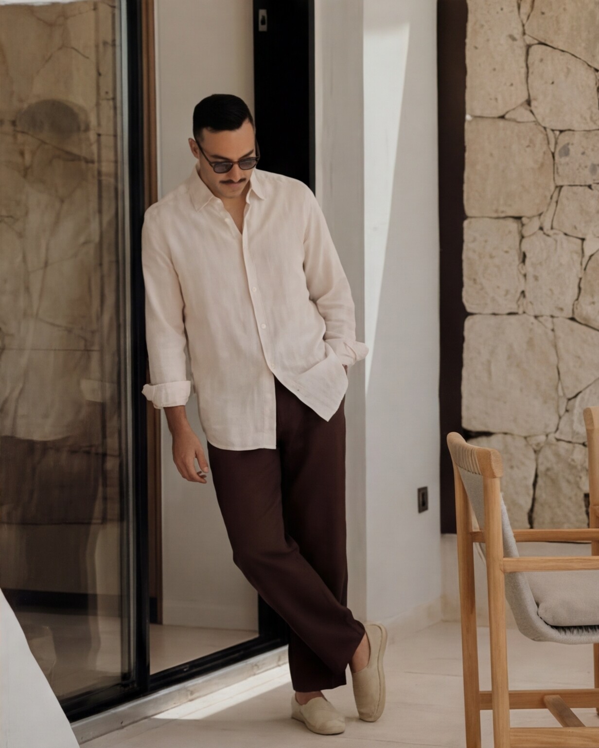 Beige Linen Shirt with Chocolate Trousers