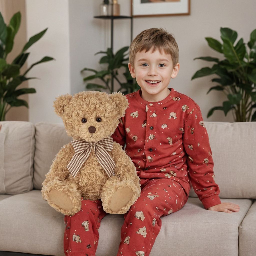 boy wearing red pyjamas and a bear