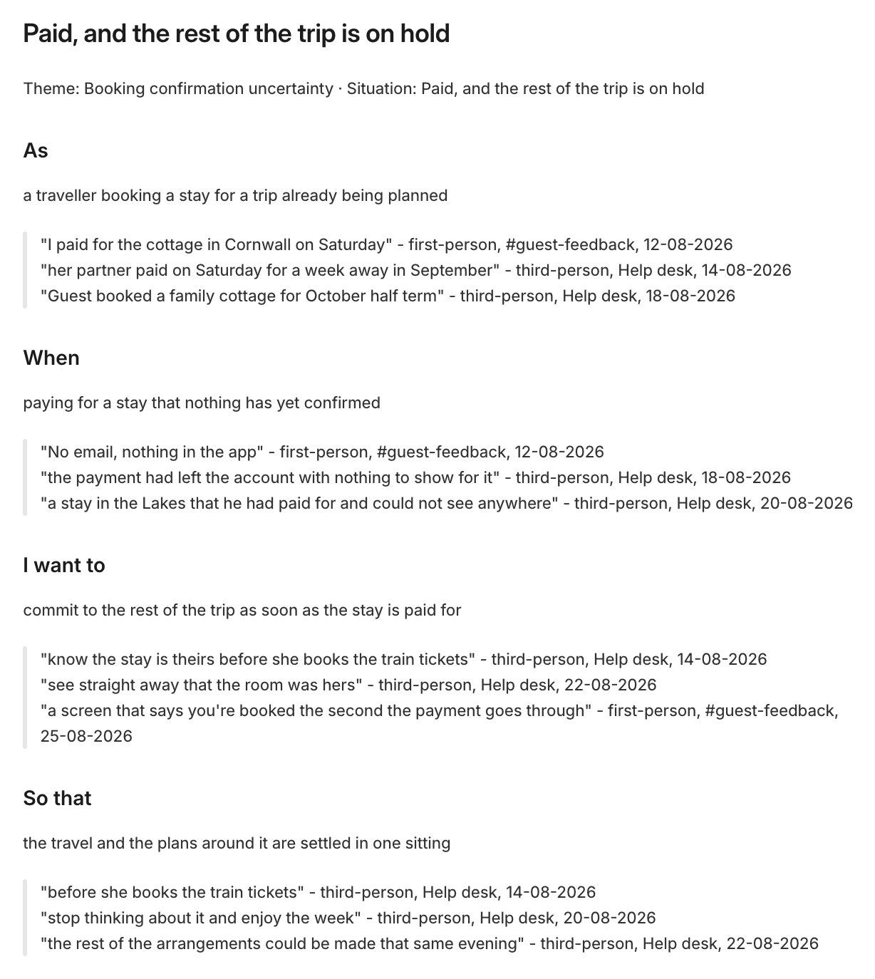 a delivered Need statement in Linear · the theme and situation line above the first heading, the four headings As, When, I want to, So that, each with its text and its quotes