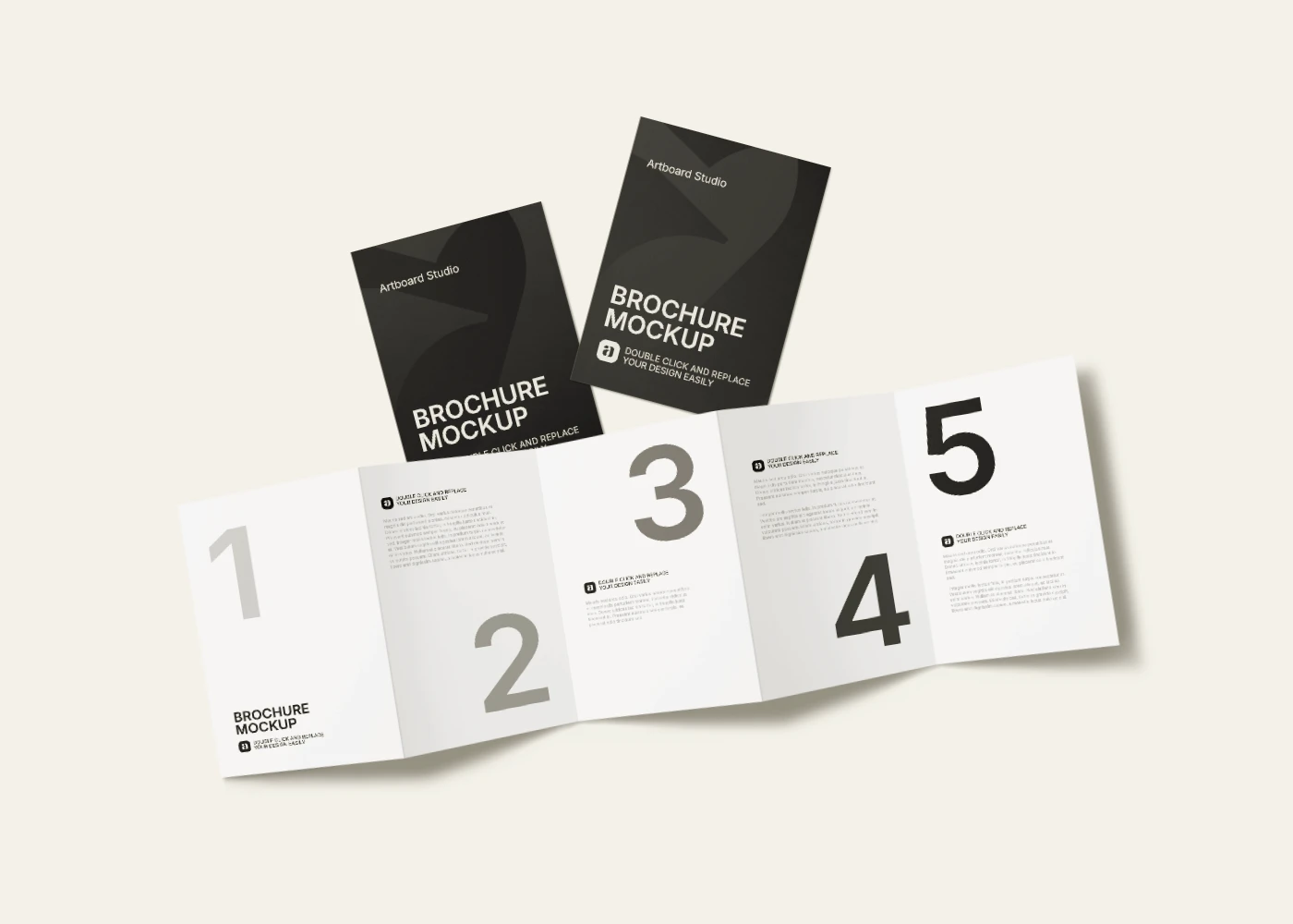 5 folded brochure mockup with wide open version