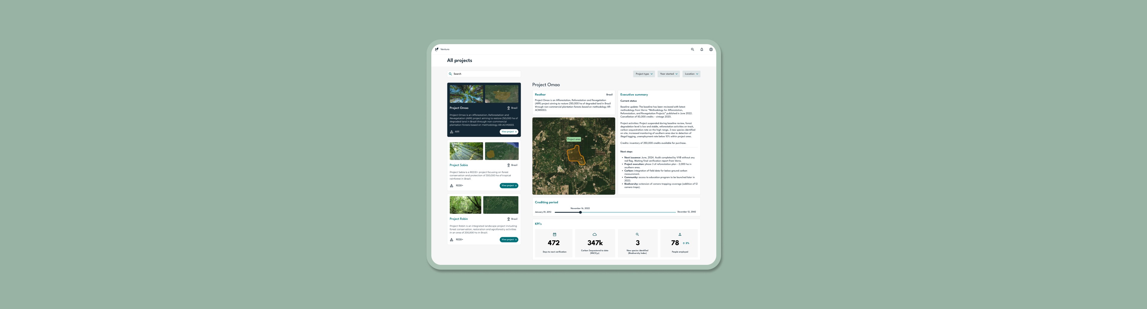 User interface of Ventura, a platform to monitor forest conservation projects