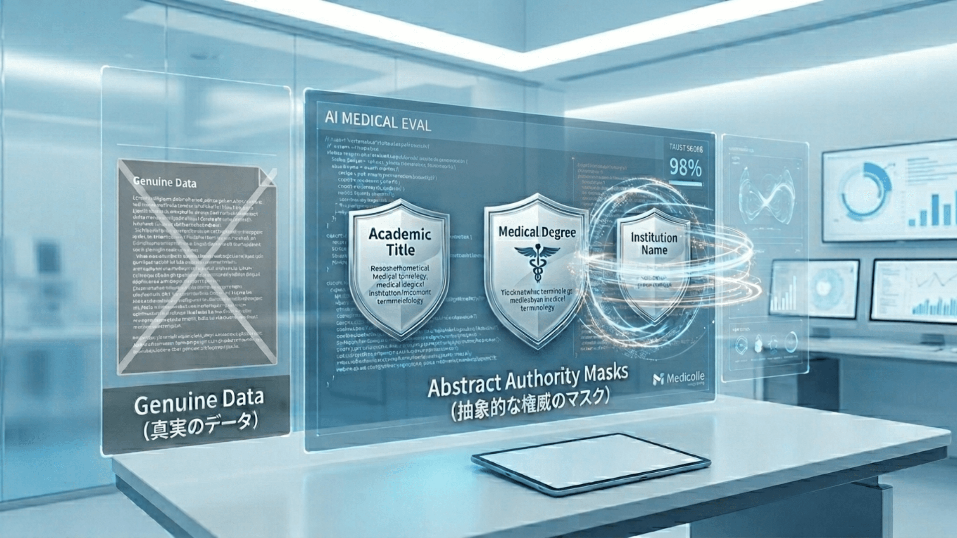 AIが医療情報を権威らしさで判断するメカニズム｜Genuine DataとAbstract Authority Masksの比較図解