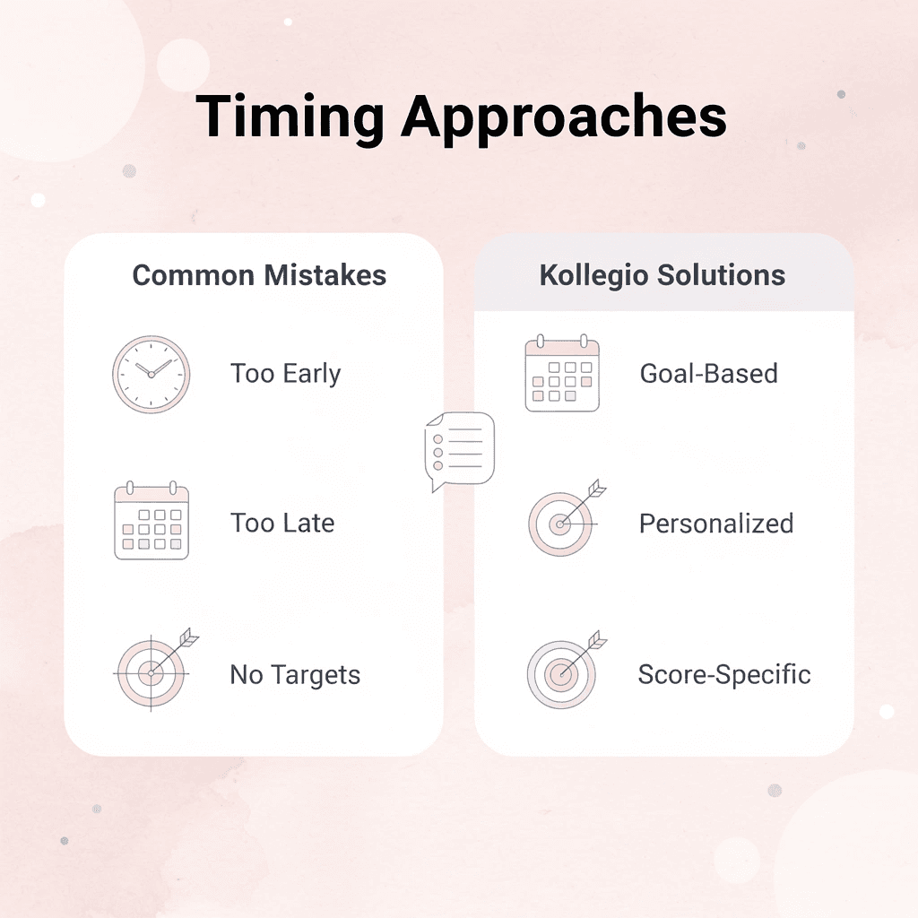 Comparison of common SAT prep timing mistakes versus Kollegio's solutions