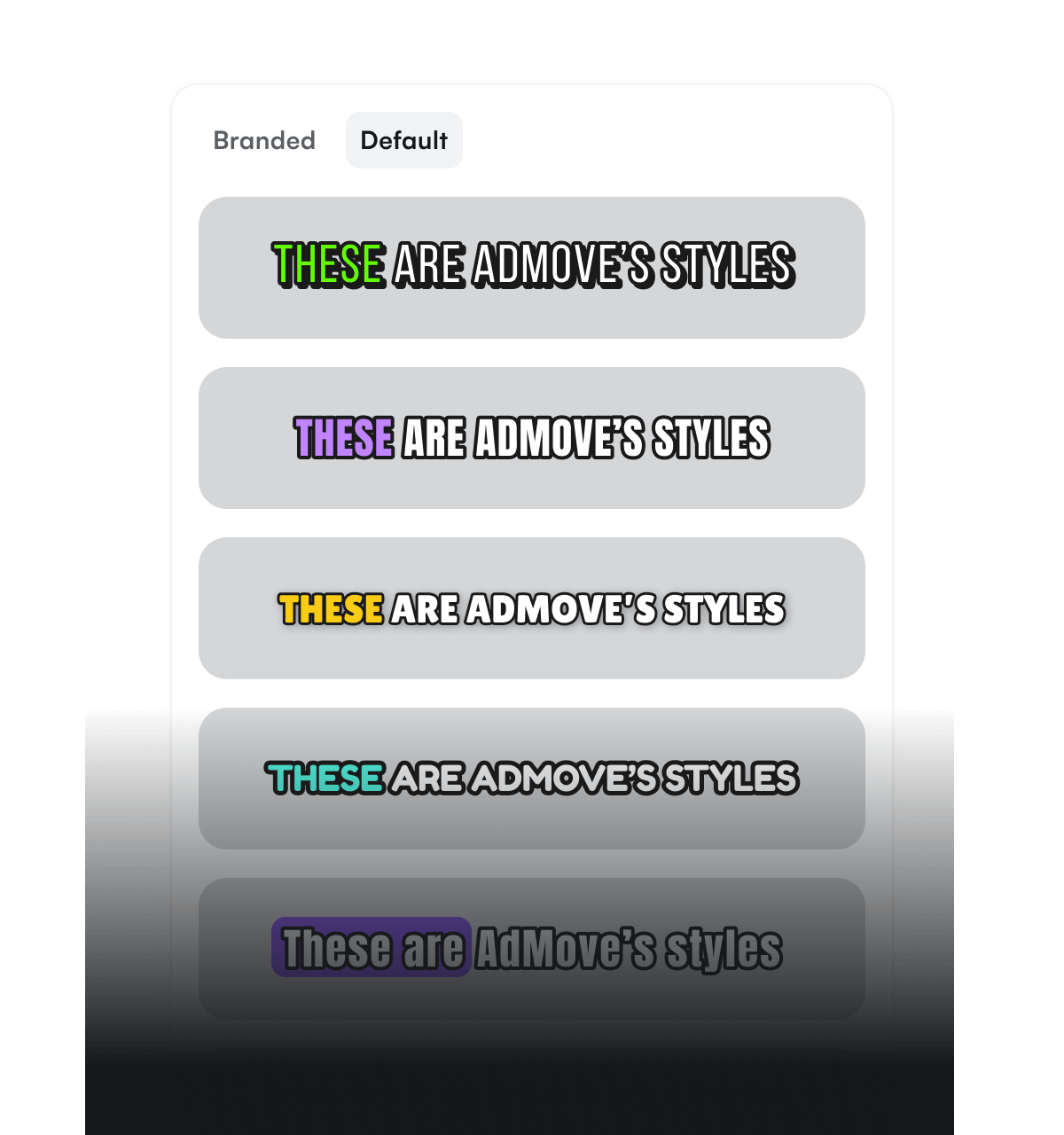 screenshot of list of caption styles from admove ai library