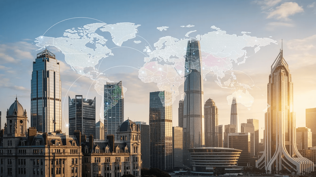 The image features a collection of modern corporate office buildings from various cities around the world, symbolizing business expansion and geographic diversification. This visual representation highlights the importance of a well-diversified portfolio in navigating different market environments and managing investment risk.