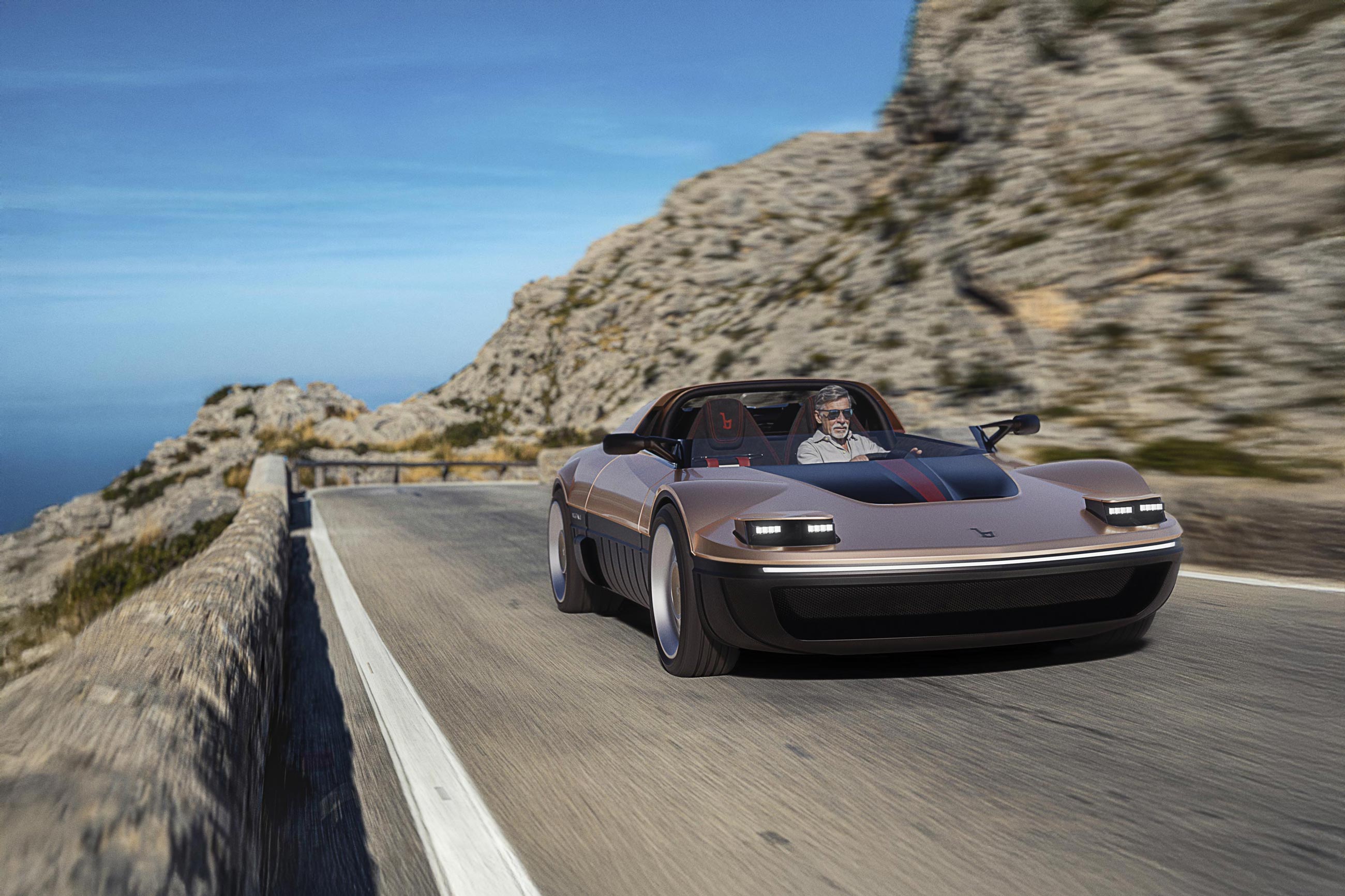 Photorealistic render of Bertone Runabout on a mountain pass, 3/4 front view