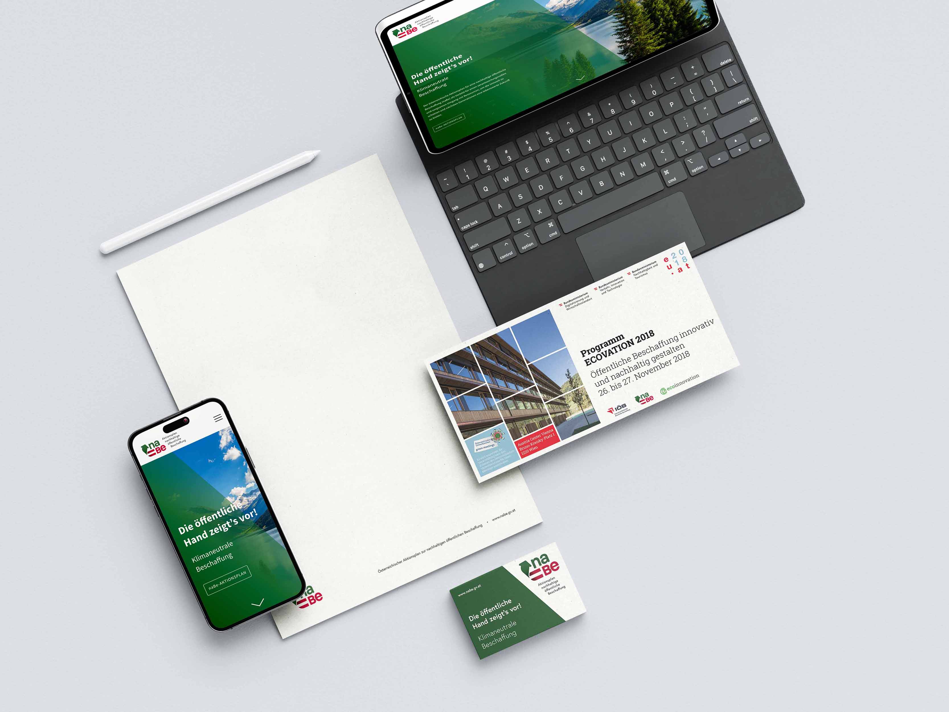 Markenauftritt von naBe mit Print- und Digitalanwendungen wie Broschüre, Website und Geschäftsdrucksorten