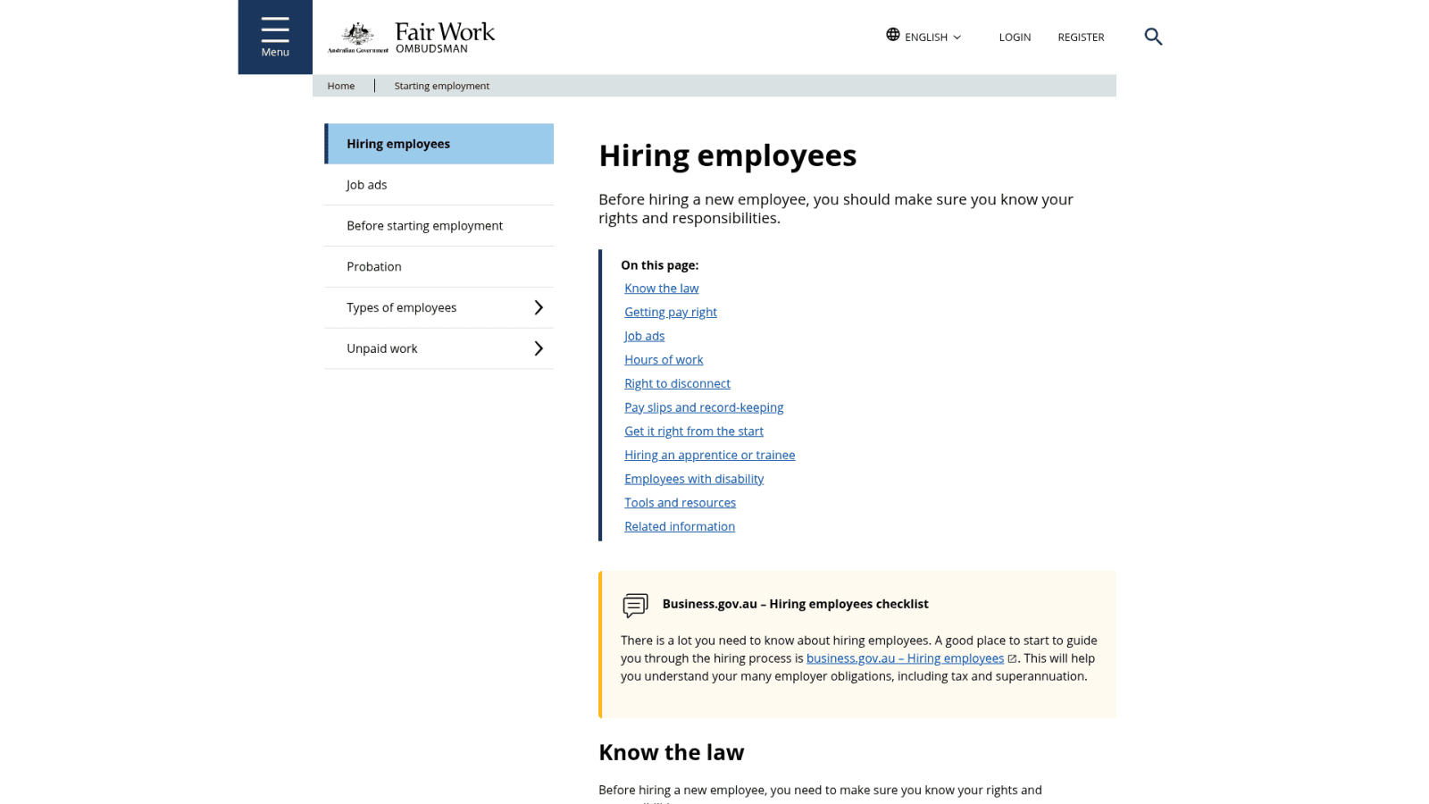 Fair Work Ombudsman hiring employees guidance page