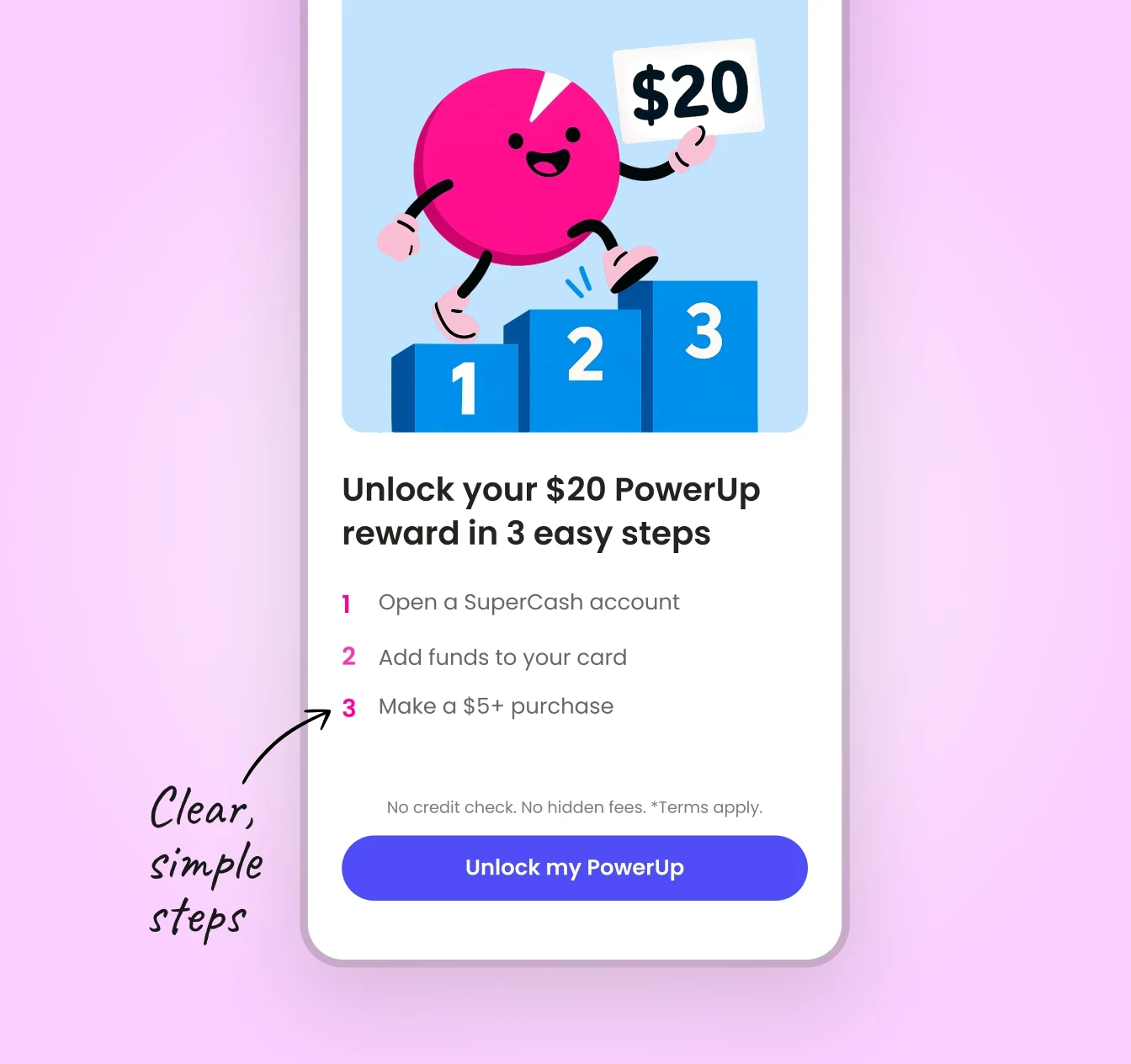 Mobile UI mockup showing Super.com’s PowerUp onboarding screen with a character illustration and 3 simple steps to unlock a $20 reward, used to test user understanding of reward clarity.”