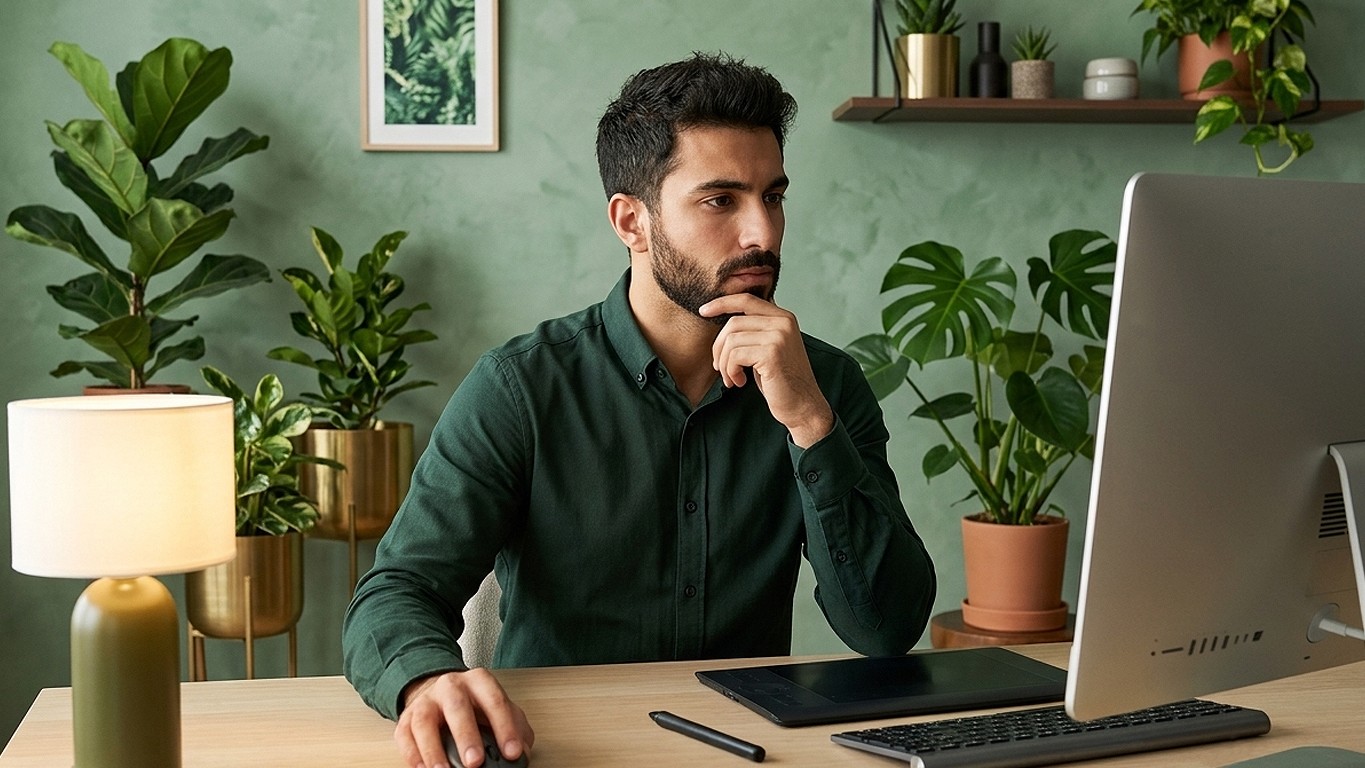 A focused man in his mid-30s with a beard sits at a wooden desk, looking at a large desktop monitor removing weird line breaks from copied text using KleaSnap, and with his hand on his chin. He wears a dark green button down shirt in a stylish home office featuring sage green walls, a warm table lamp, and numerous lush green houseplants.