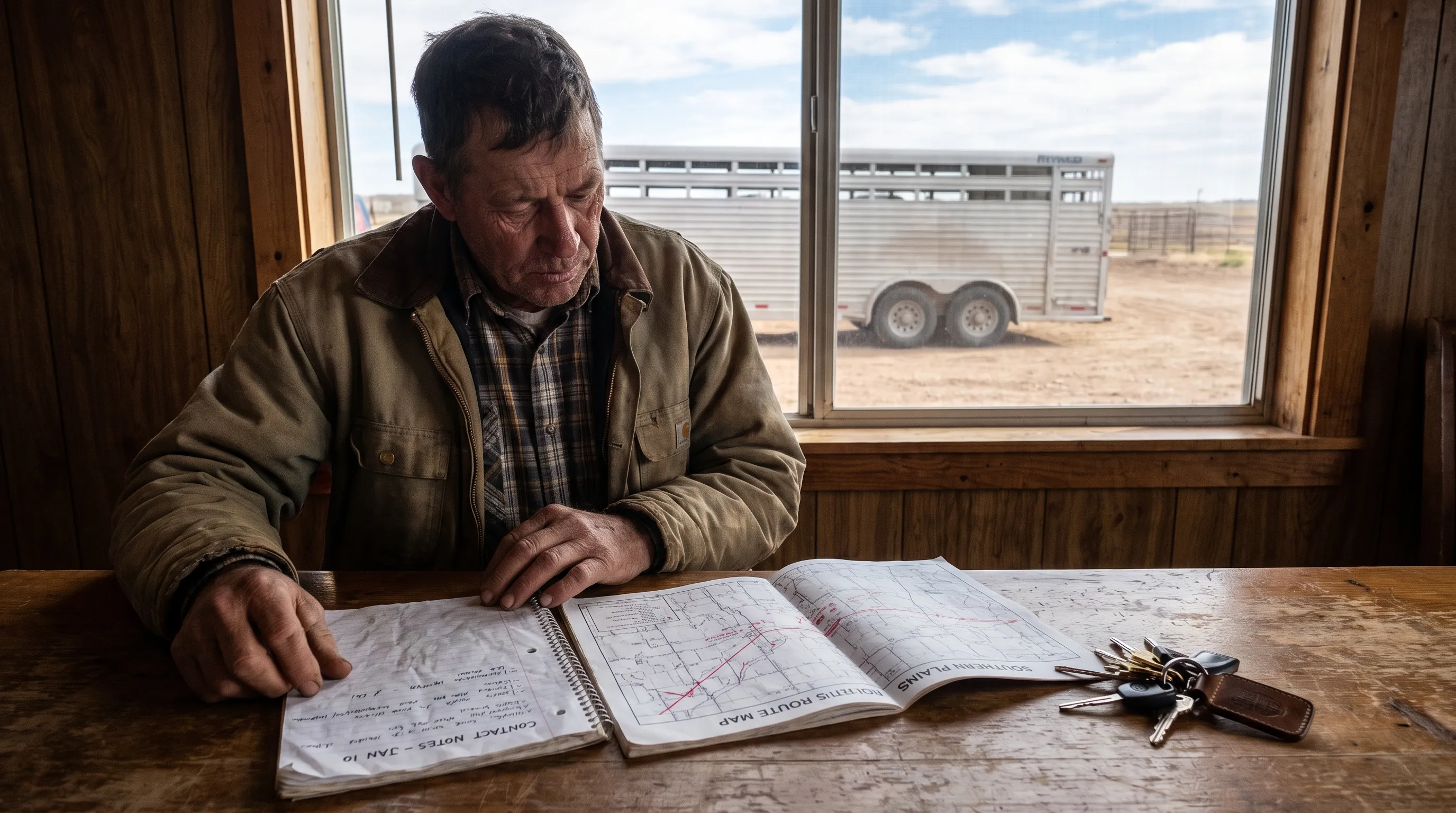 A livestock hauler reviews contact notes and a Southern Plains route map at a ranch table, with keys beside the paper and a stock trailer outside the window.
