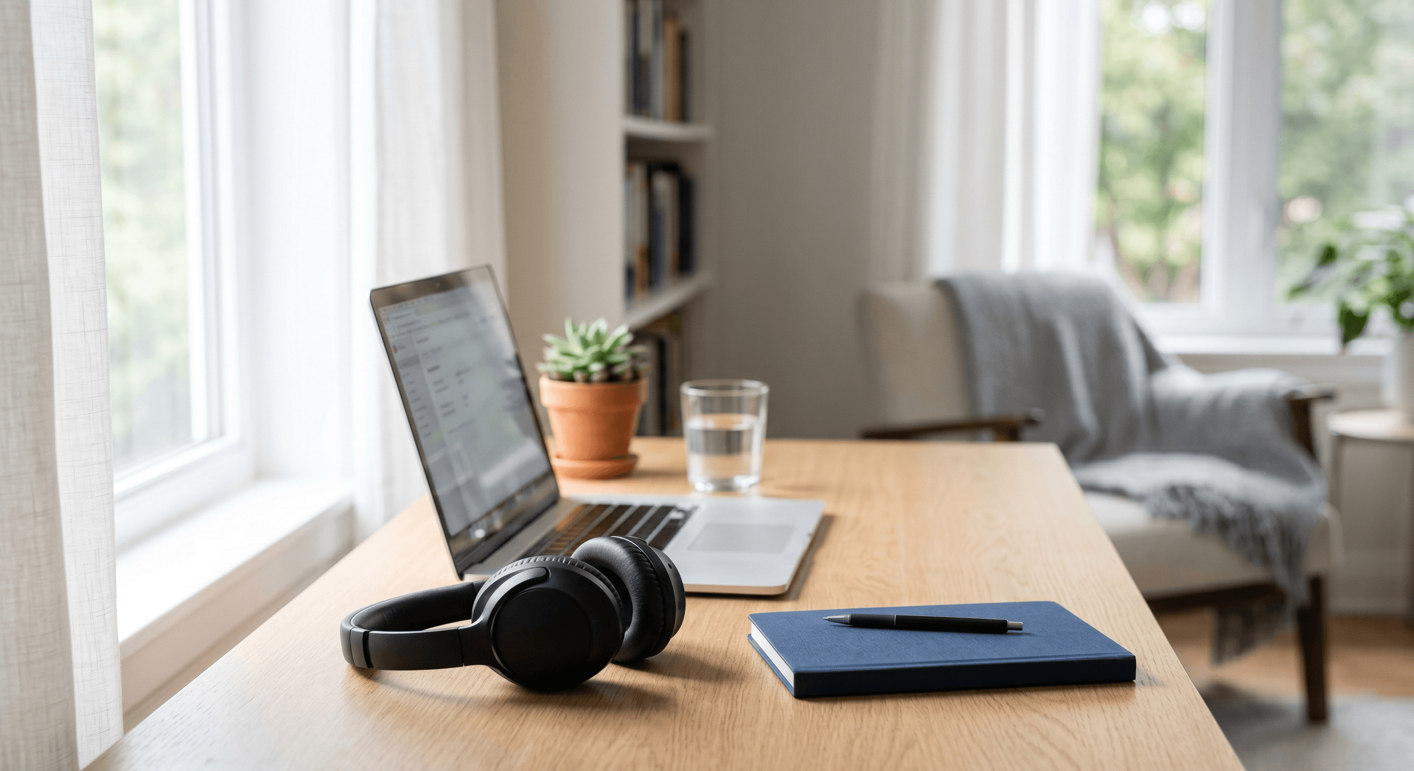 A calm corner desk by a window with noise-canceling headphones, a laptop, a small plant, a glass of water, and a notebook, in a quiet uncluttered room.