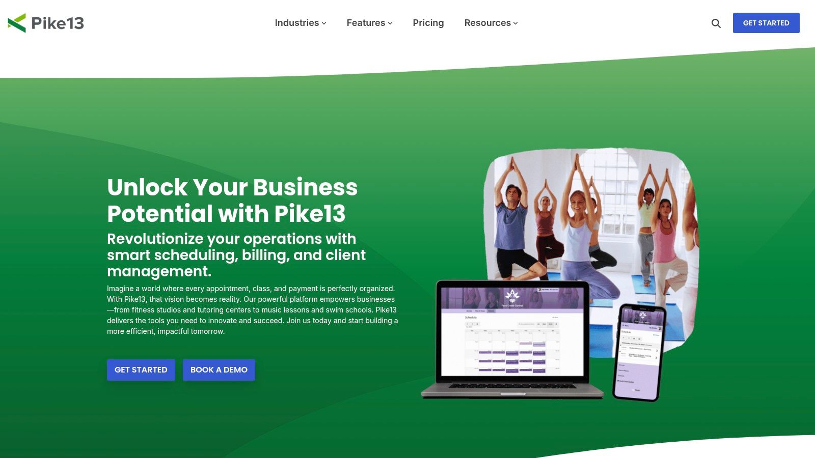 Pike13's dashboard showing client profiles and upcoming schedules.