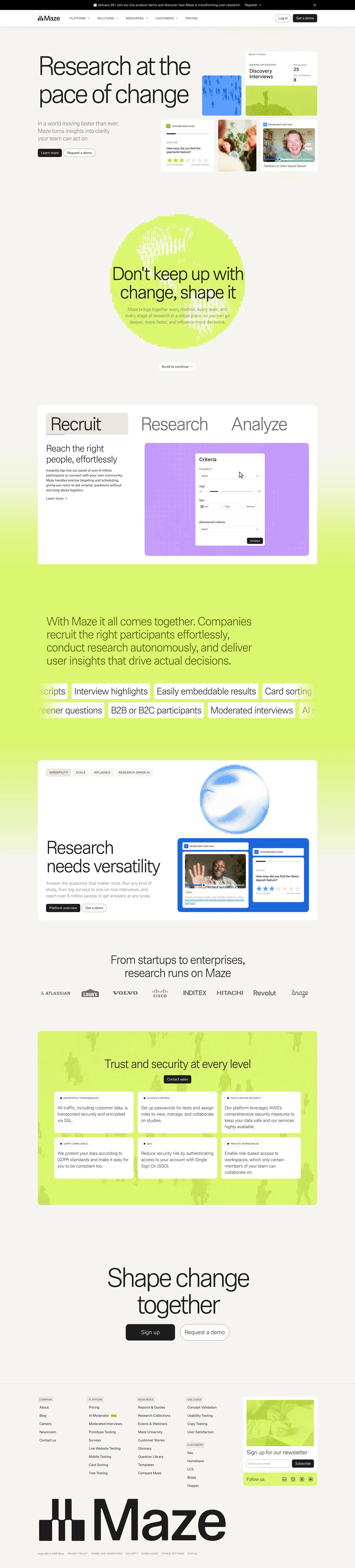 Maze landing page screenshot showcasing Tech design