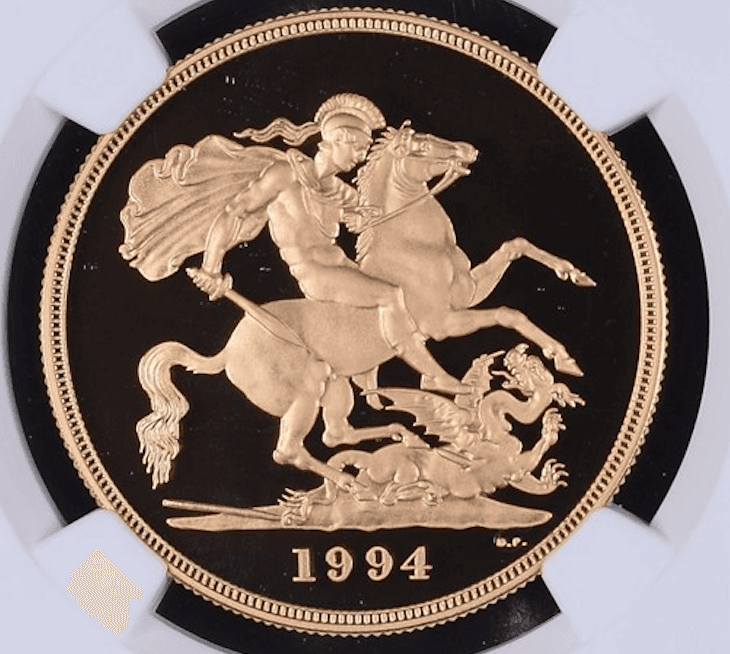 1994 Gold Proof Five Sovereign obverse