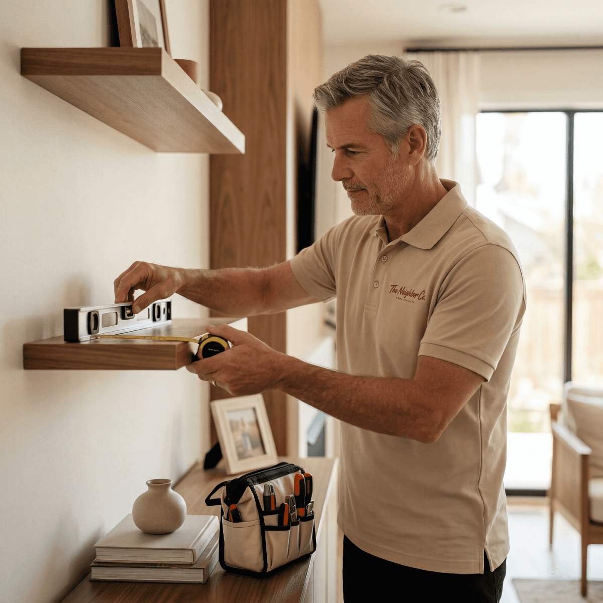 the neighbor co technician organizing and measuring shelves and tools in a St Paul home