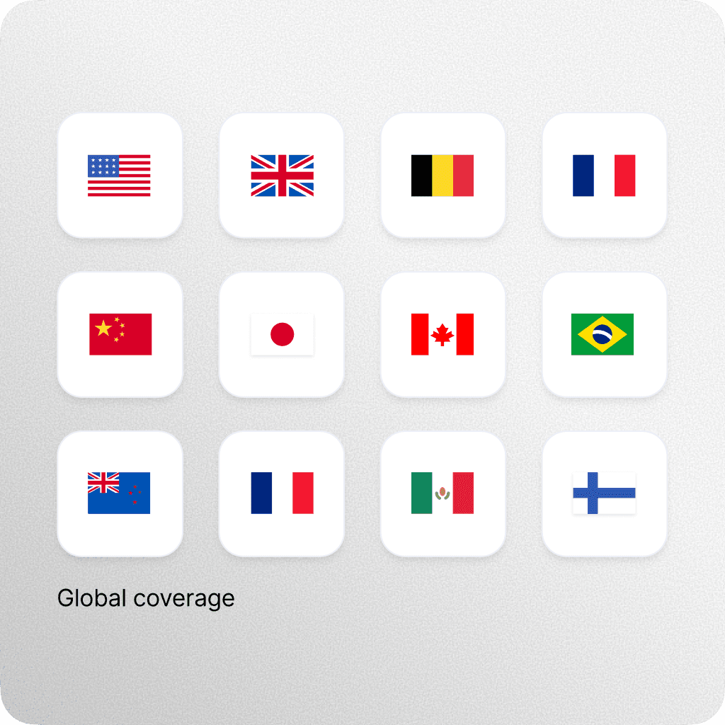 Icons of flags representing global coverage across multiple countries.