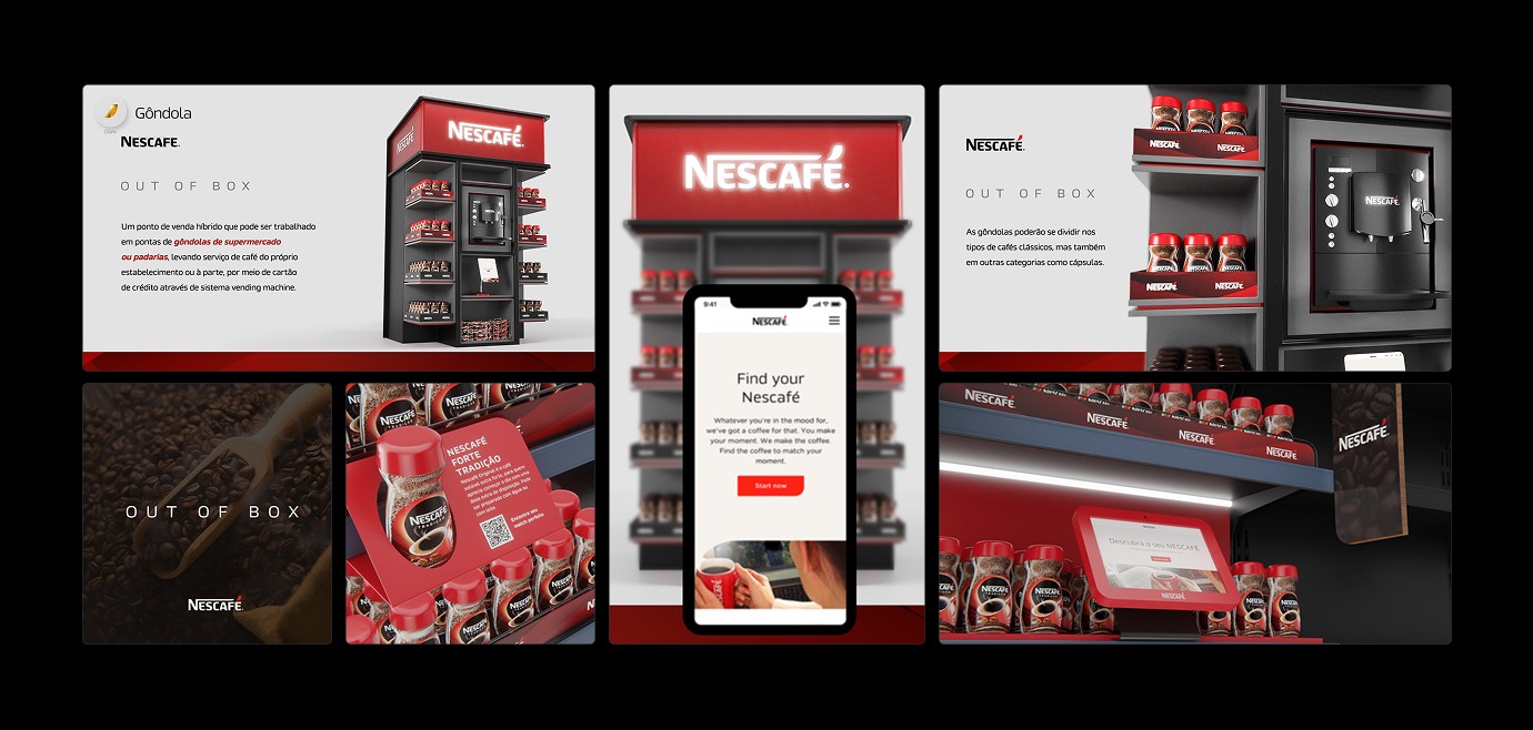 Retail Design Phygital. Ponto de venda híbrido Nescafé Out of Box - integrando vending machine ao varejo. Projeto assinado por Eduardo Lôbo, Diretor Criativo em Recife.
