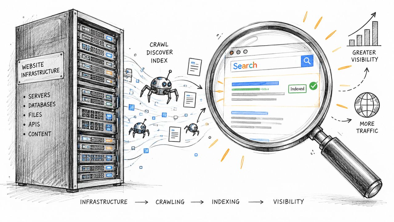 A hand-drawn illustration showing website infrastructure being crawled, indexed, and transformed into increased online search visibility.