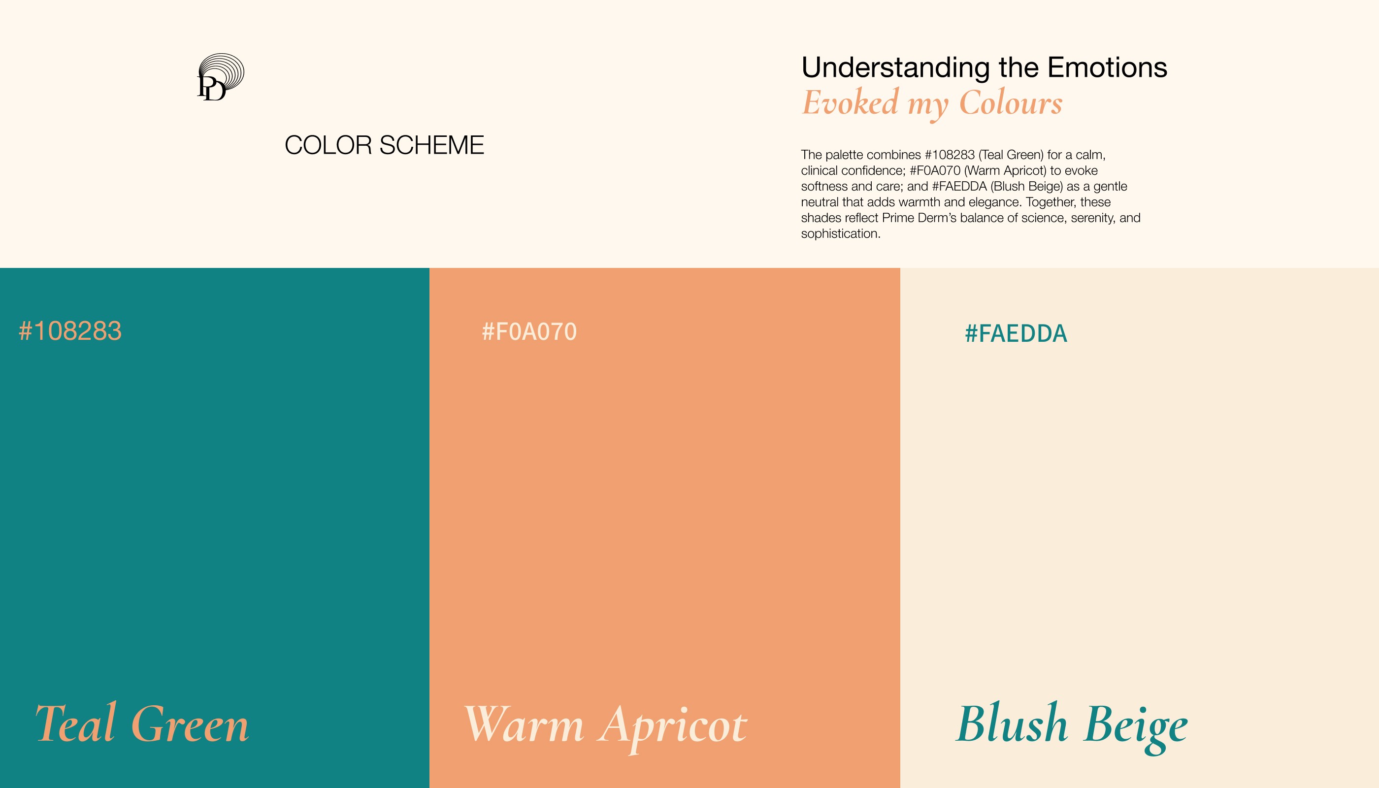 Color scheme palette for Prime Derm, featuring Teal Green (#108283) for calm and clinical confidence, Warm Apricot (#F0A070) to evoke softness and care, and Blush Beige (#FAEDDA) as a gentle neutral that adds warmth and elegance.
