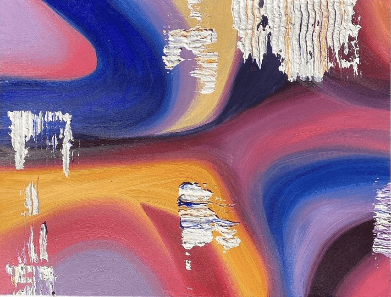 Abstract painting with swirling warm colors and bold brushstrokes