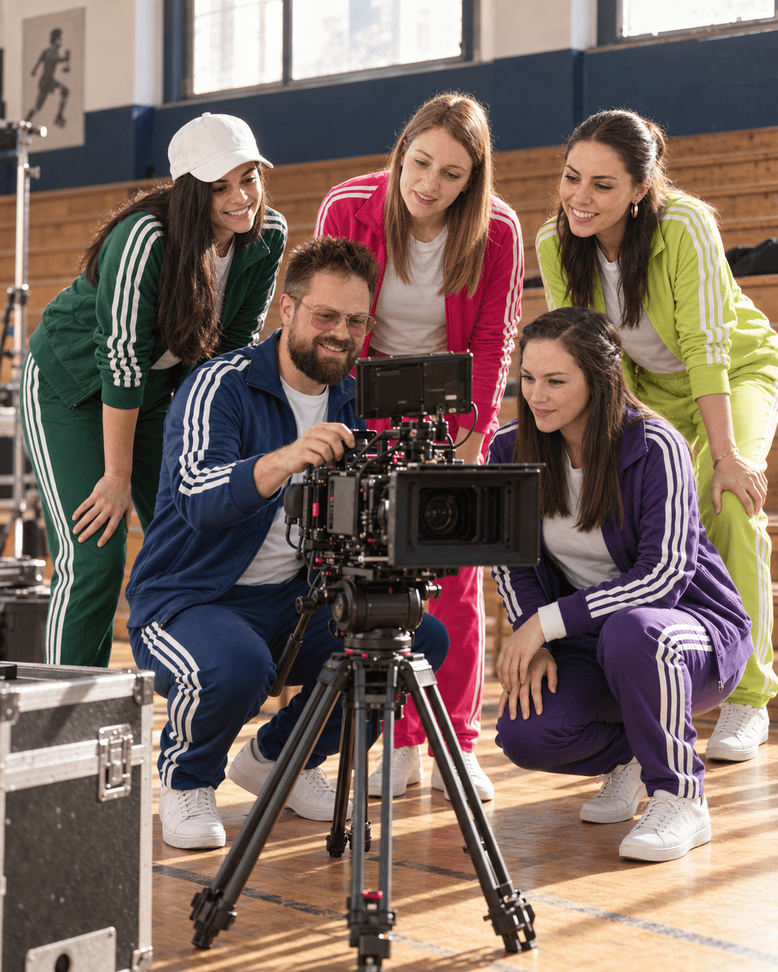Cinq personnes en survêtement regardent l’écran d’une caméra pendant un tournage.