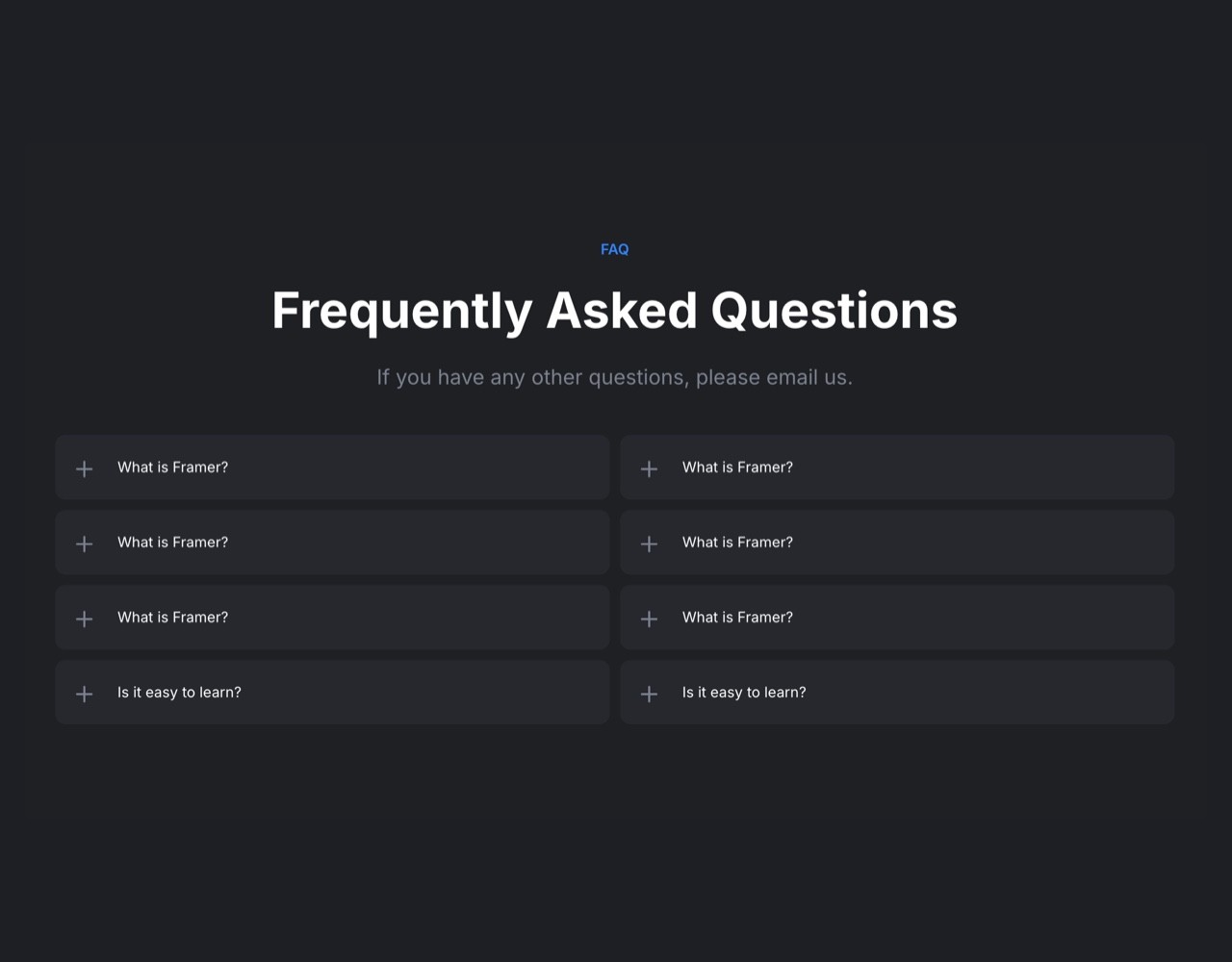 Framer Dark FAQ Section - Frameblox UI