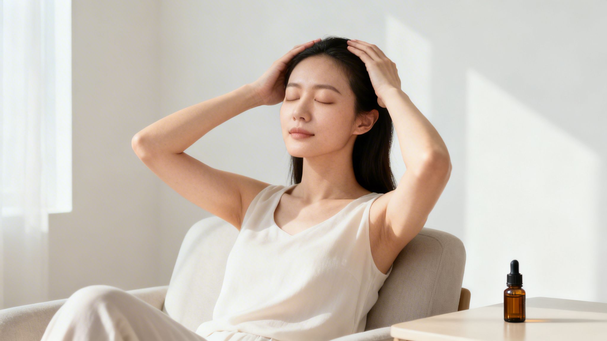 A serene Asian woman with closed eyes performs a head massage in a well-lit room, a dropper bottle nearby.