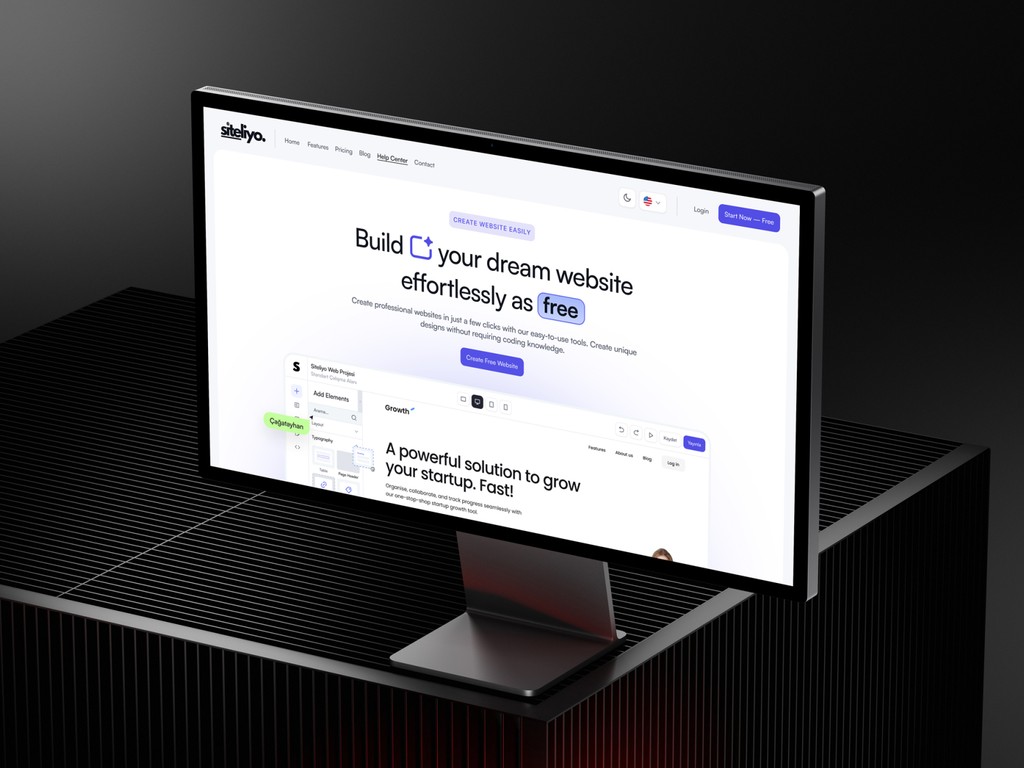 Landing page of Siteliyo promoting effortless free website building with team collaboration callouts
