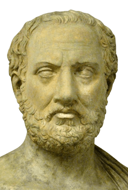 A marble bust of Thucydides, the ancient Greek historian known for his work "The History of the Peloponnesian War." The sculpture captures his serious expression, thick beard, and detailed curls, reflecting the classical style of Greek portraiture. Thucydides is often regarded as one of the great historians of antiquity.