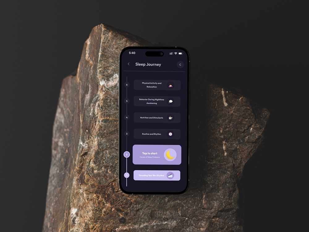 Artistic product shot of a smartphone resting against a dark, textured rock. The screen displays the "Sleep Journey" interface of the Vialog app, showing a timeline of modules with the "Causes of Sleep Problems" card highlighted and ready to start.