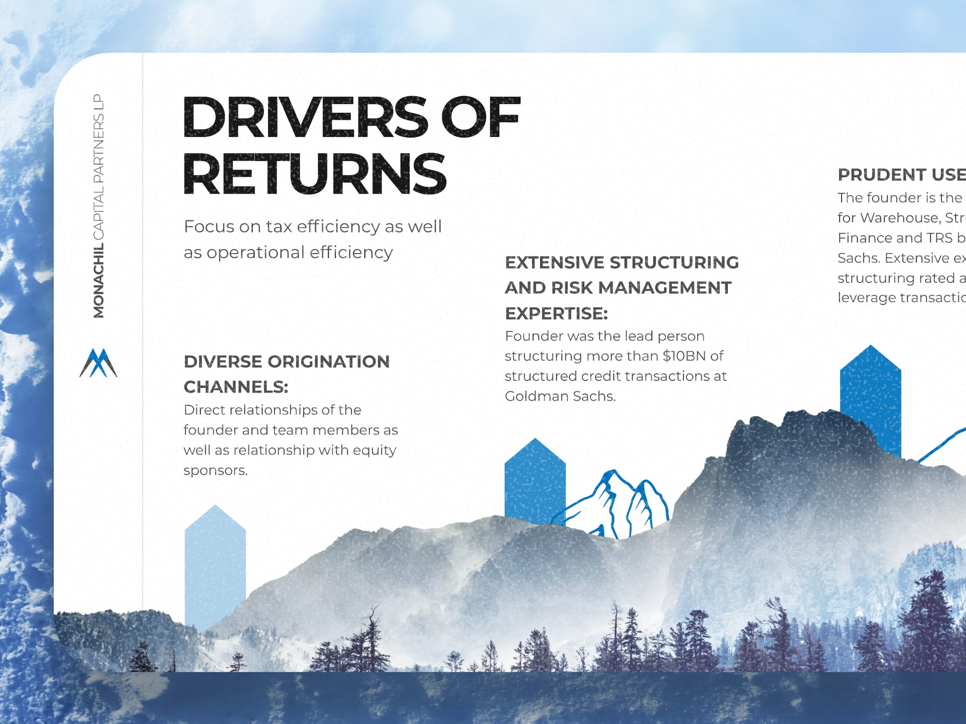 Drivers of Returns presentation slide for Monachil Capital Partners showcasing diverse origination channels, extensive structuring and risk management expertise from Goldman Sachs experience, with blue geometric bar chart illustration overlaid on misty mountain forest landscape