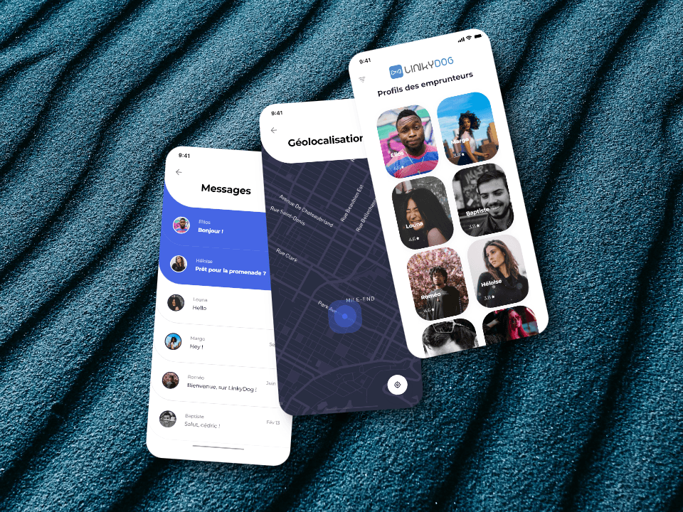 Représentation de l'application LinkyDog : page liste des messages, carte et la liste des profils