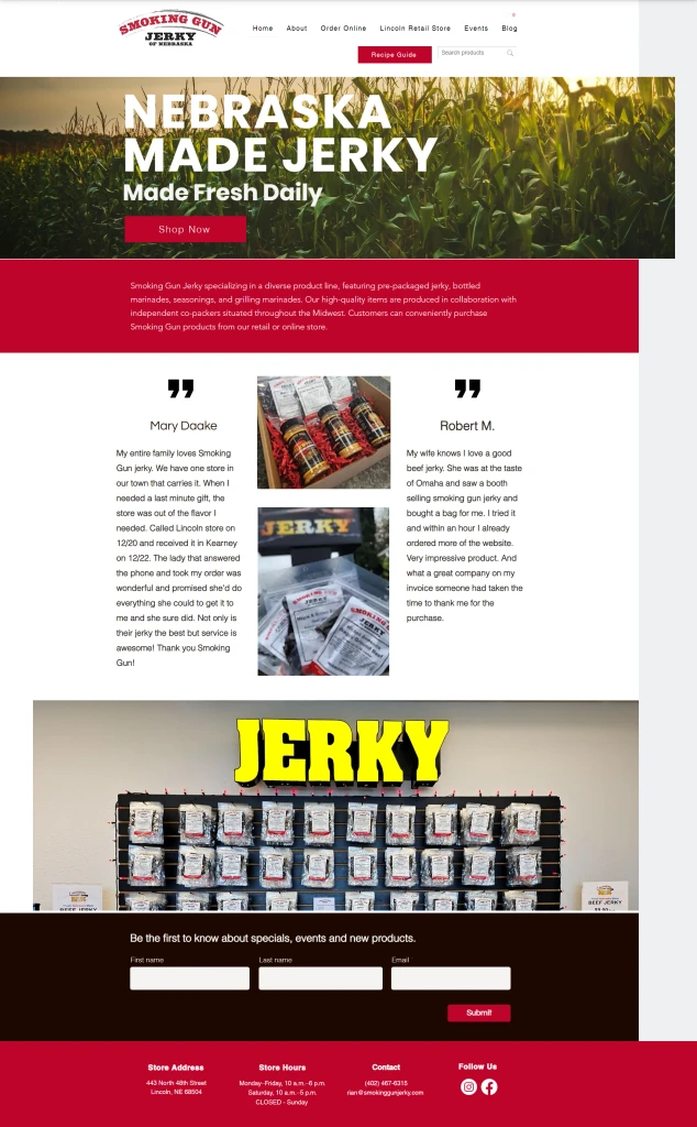 Smoking Gun Jerky website before design and development. A local company in Lincoln Nebraska.