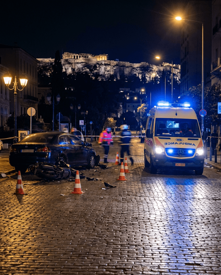 Ambulance arriving at a nighttime accident scene in Athens with a car and motorcycle present.