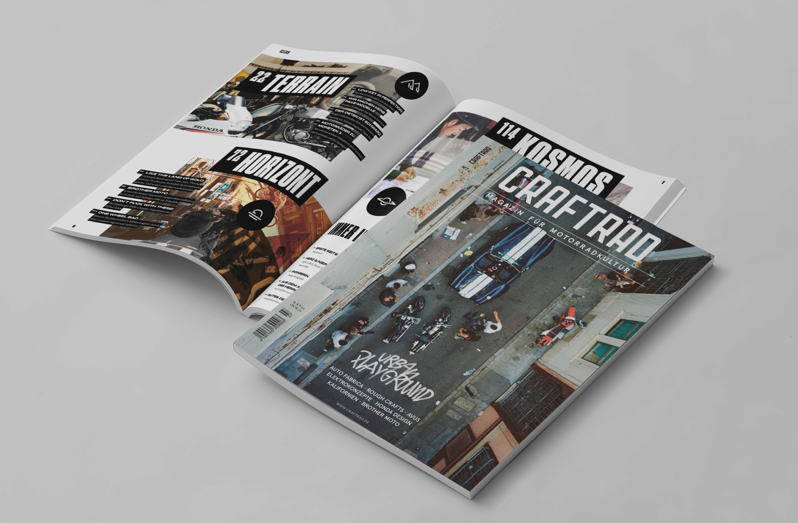 Stylish motorcycle magazine featuring unique car designs and urban culture, displayed open to showcase vibrant layouts.