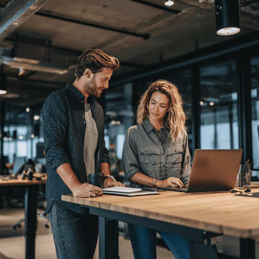 Two business professionals collaborating at standing desk reviewing AI prompts on laptop
