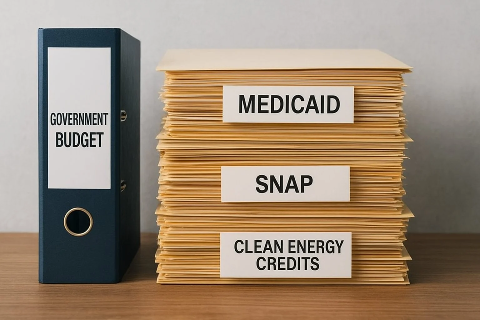 Stacks of folders labeled Medicaid, SNAP, and Clean Energy Credits next to a government budget binder, representing federal program adjustments.