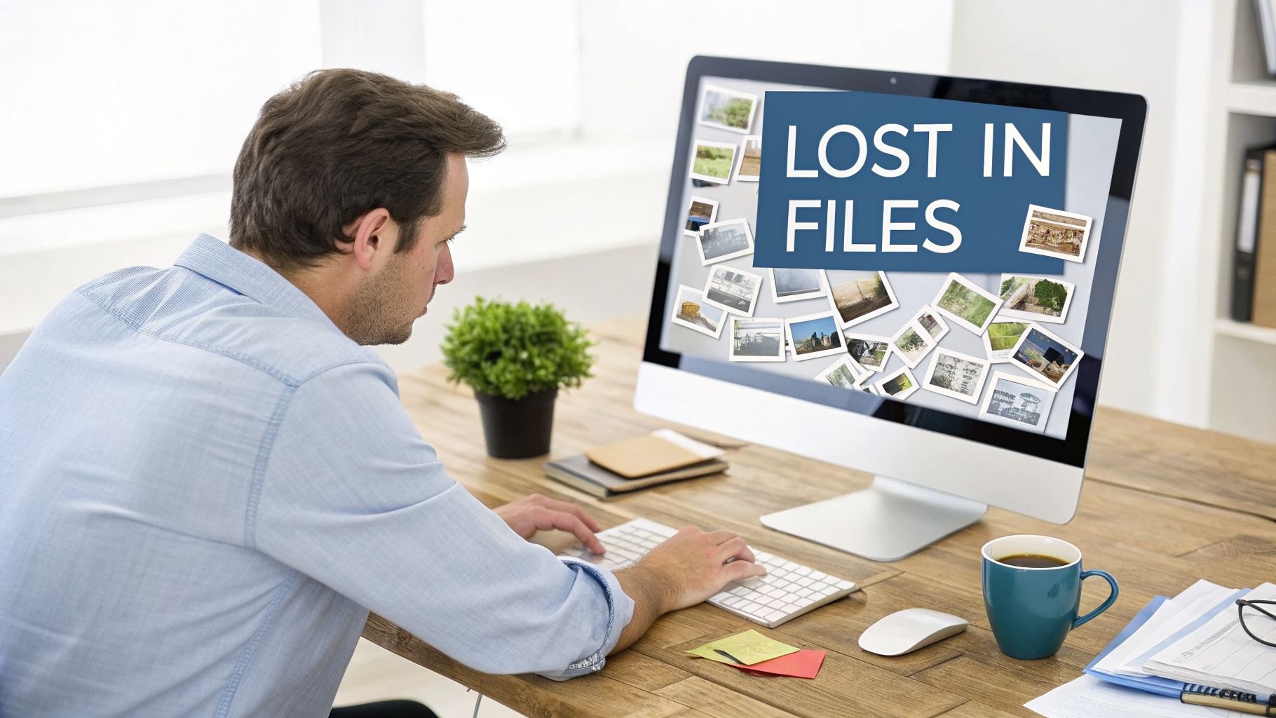 A man looking at a computer monitor displaying the text 'LOST IN FILES' and photo thumbnails.