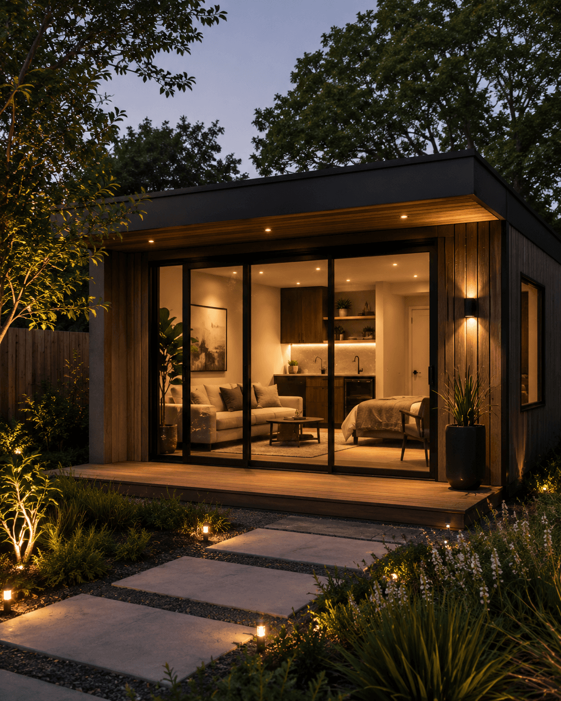 Modern backyard studio with warm exterior lighting, floor-to-ceiling glass, landscaped yard, and contemporary design by UR-SPACE in Calgary.