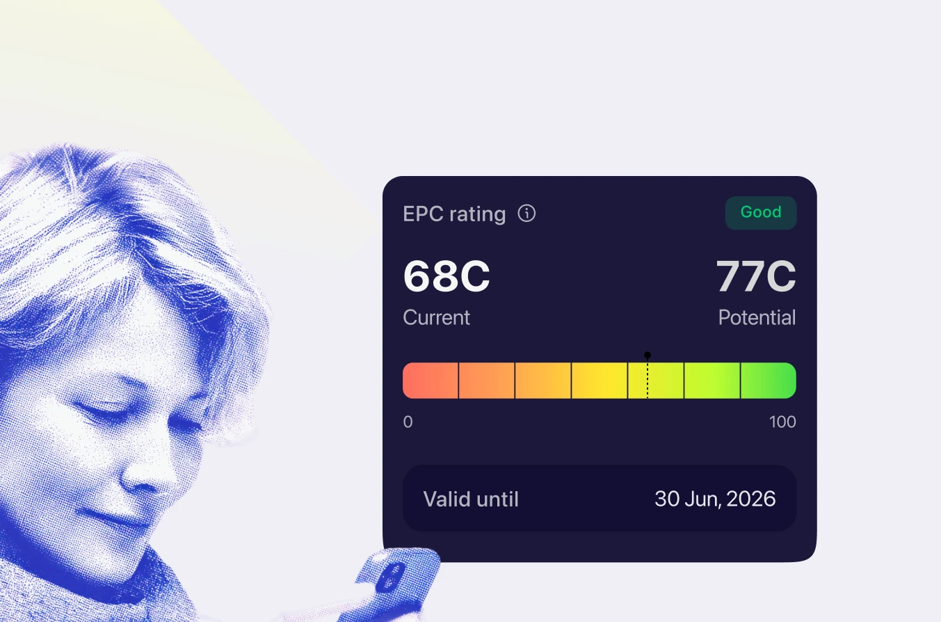 Landlord app screenshot showing EPC rating compliance feature. Current EPC rating 68C with potential 77C, valid until 30 June 2026. Example of property management software, landlord tenant app, and compliance app used for EPC, EICR, Gas Safety, and Right to Rent check within landlord software and rent management app.