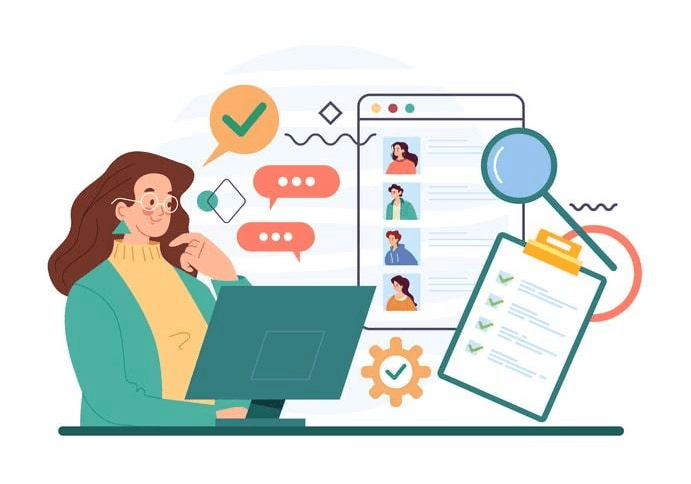 A hiring manager is intently reviewing candidate profiles and portfolios displayed on multiple screens, highlighting the critical part of the interview process in selecting the best candidates for a vacant position. The scene emphasizes the importance of effective interviewing skills and careful preparation to ensure a successful interview outcome.