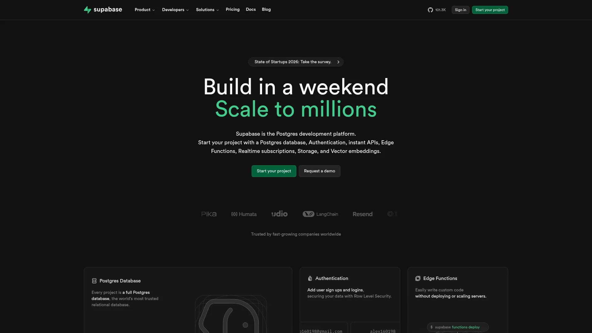 Supabase homepage showing the open-source Postgres backend used as the database for an Expo app.