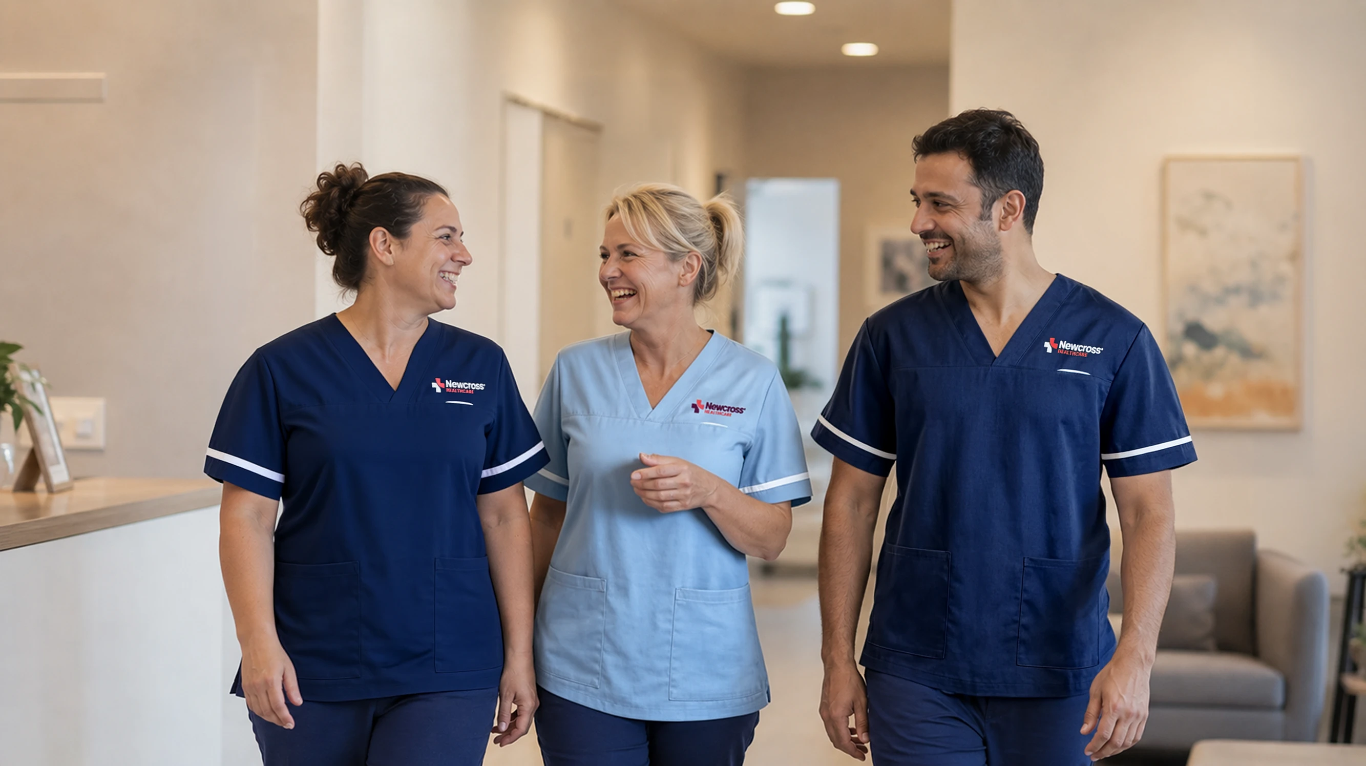 Three healthcare professionals in uniform walk together in a well-lit medical facility hallway, embodying teamwork and professionalism consistent with Newcross carers.