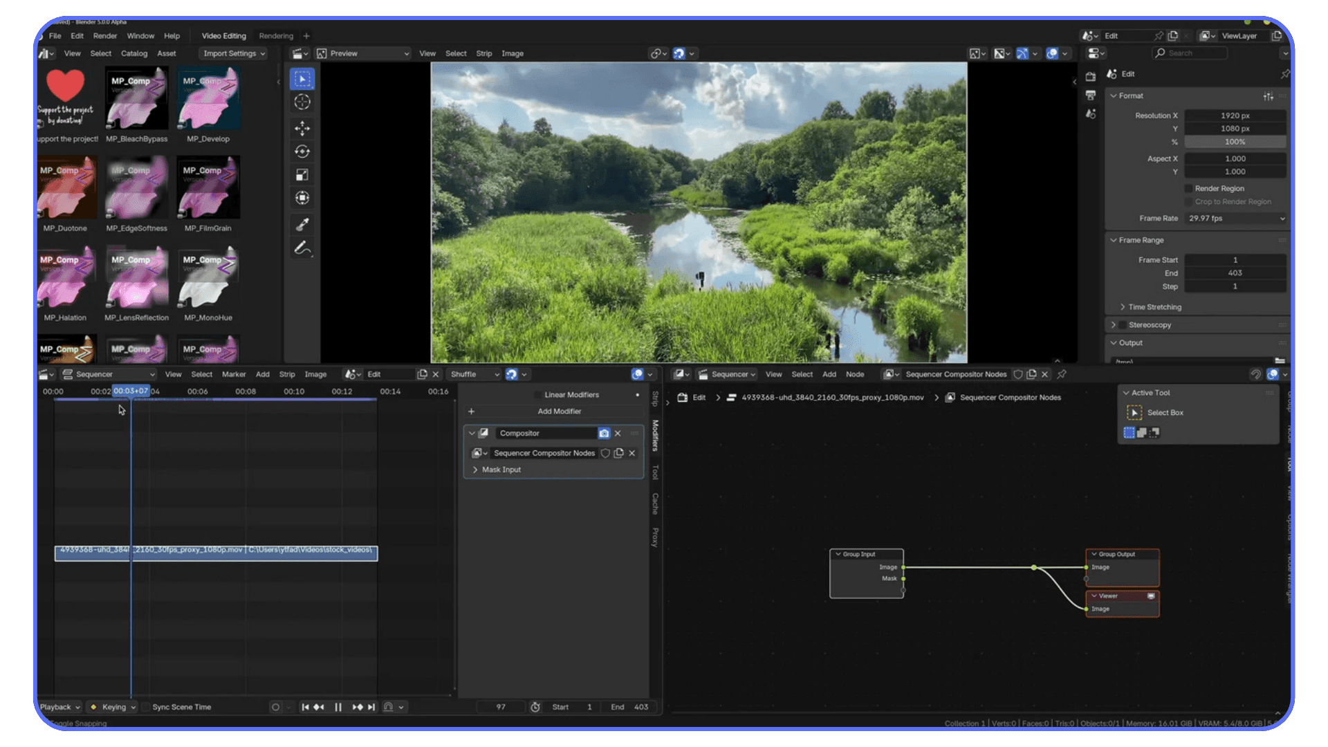 A Blender layout showing the Video Sequencer, a nature clip preview, and compositor nodes used as a modifier in the Sequencer.