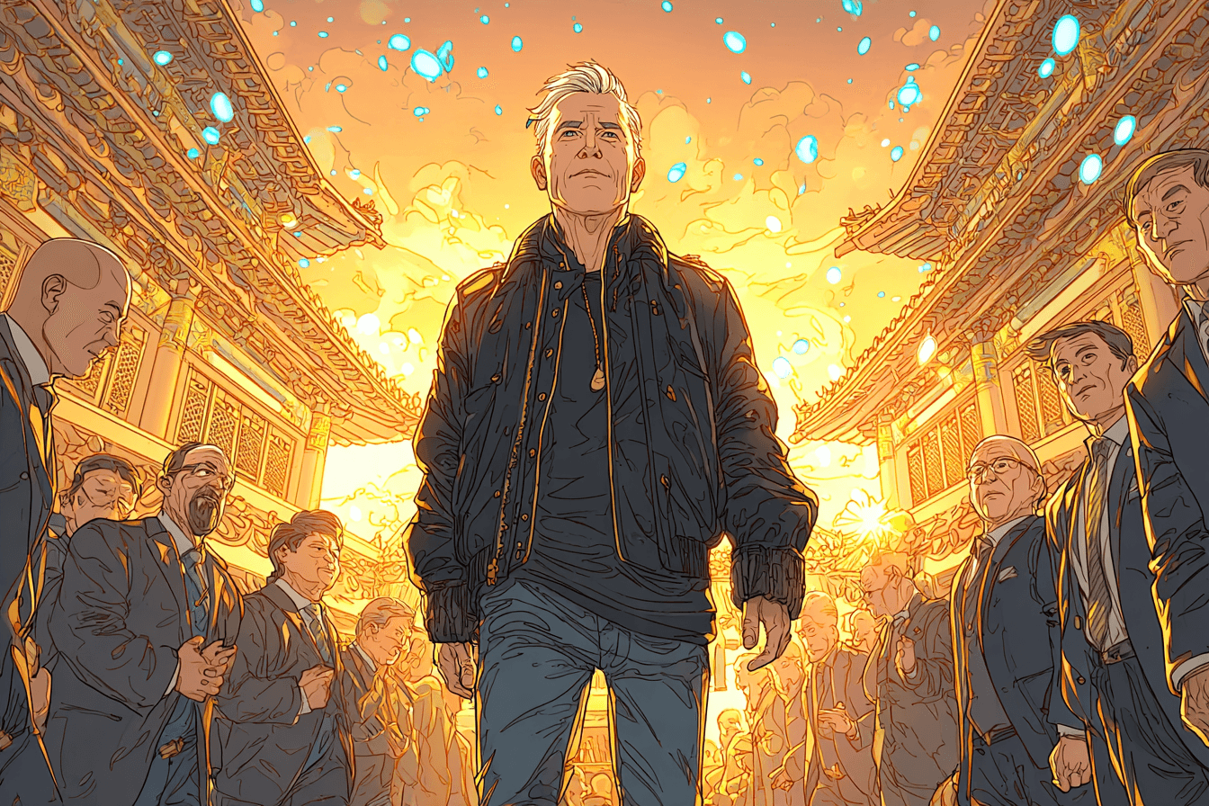 Jensen Huang standing on Air Force One steps with President Donald Trump during 2026 China summit, Beijing skyline with glowing Nvidia AI chips and neural networks in background