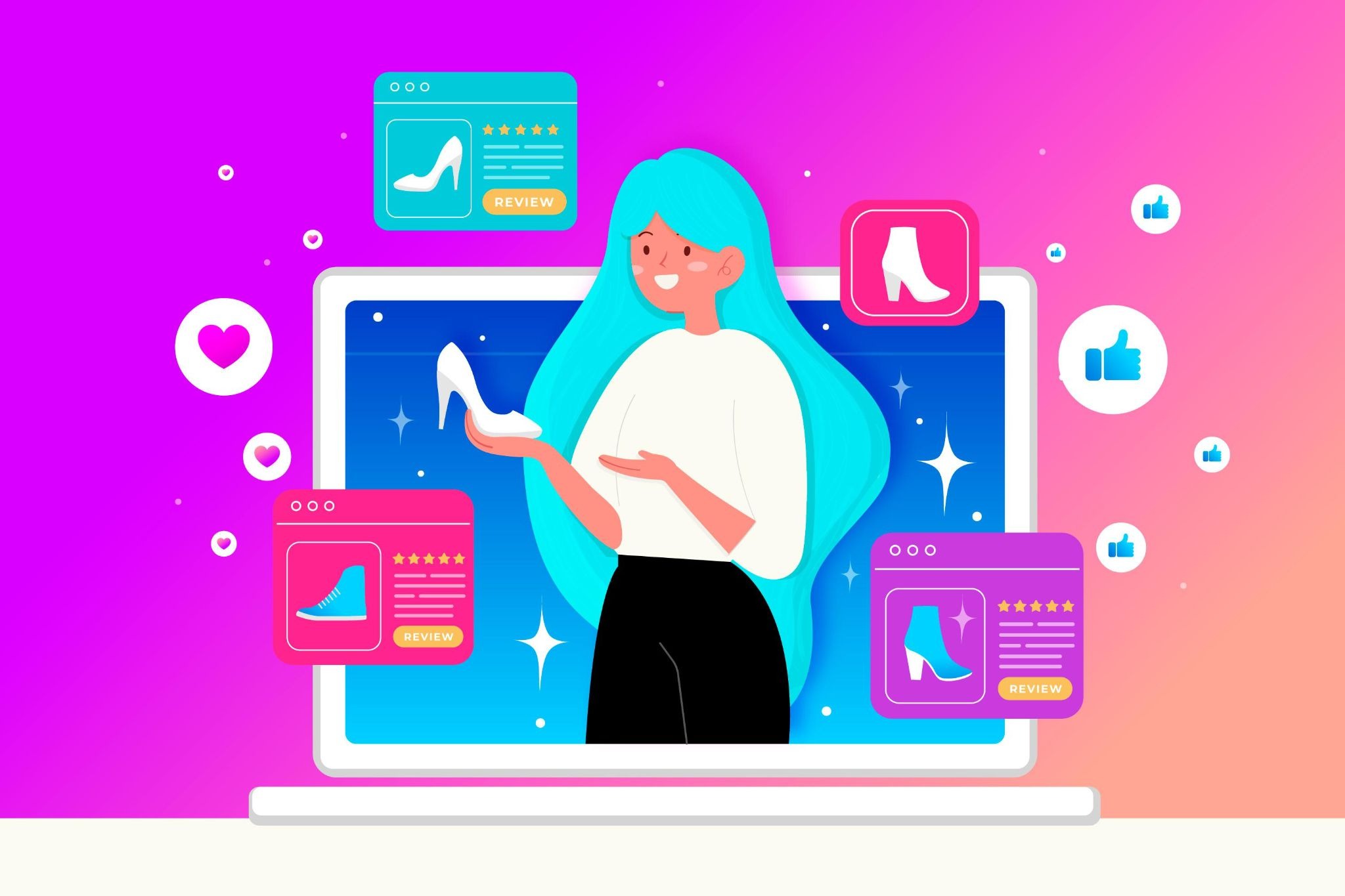Illustration of influencer reviewing shoes on laptop screen with star ratings and likes, UGC e-commerce