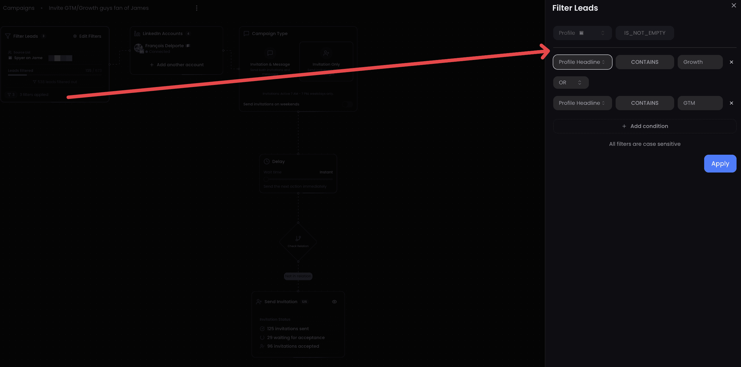 ReactIn Campaign Filtering example