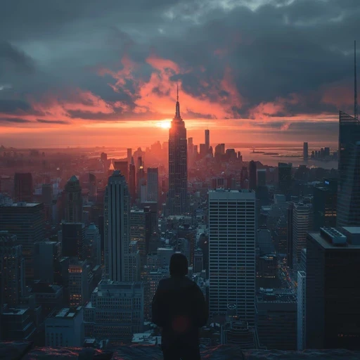 New York City skyline with the Empire State Building at sunset